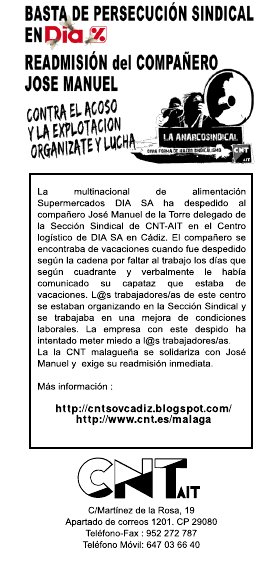 Panfleto repartido a las puertas del Día de c/Martinez Maldonado. CNT-AIT Málaga